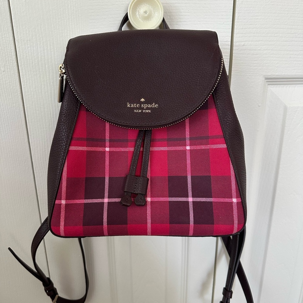 Kate Spade Dark Brown/Burgundy and Pink Checkered Backpack